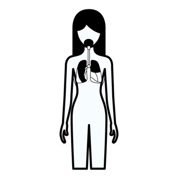 black silhouette thick contour of female person with respiratory system human body vector illustration