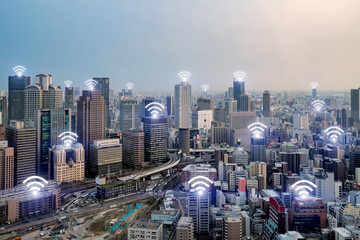 Wifi icon and Osaka city with wireless network connection. Osaka smart city and wireless...
