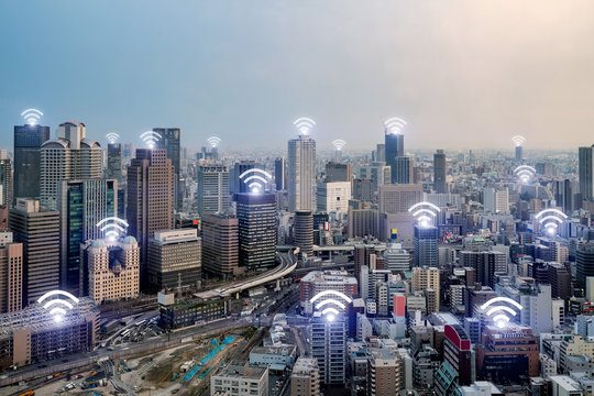 Wifi icon and Osaka city with wireless network connection. Osaka smart city and wireless communication network, abstract image visual, internet of things.