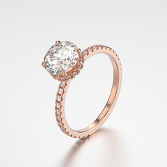3D illustration rose gold ring with diamonds with reflection