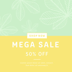 Mega sale brochure card with leaf on green background