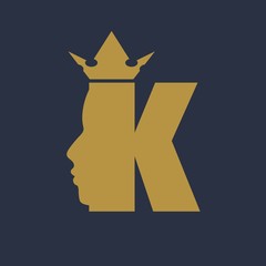 King logo. Royal luxury emblem. Face and crown icon. Business fantasy golden badge with K letter