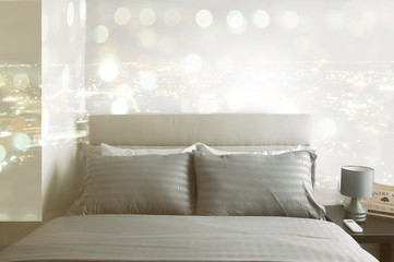 Interior of modern bedroom with cozy double bed. Modern bedroom design, Double bed.