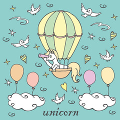 Little unicorn in air balloon looks into a spyglass / Unicorn with birds and clouds, vector illustration, freehand style