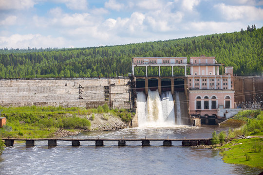 Panorama of old hydro power station and bridge