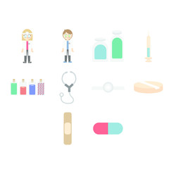 Vector set of doctors and medical equipments against white background