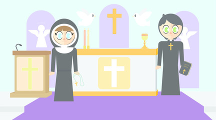 Vector set of priest and nun in the church