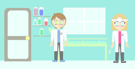 Vector set of doctors and medical equipments in clinic