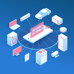 Internet of things layout. IOT online synchronization and connection via smartphone wireless technology. Smart home concept with isometric icons and symbols. Vector illustration.