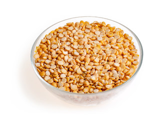 dry green pea in glass bowl on white background. Healthy food. Close up, top view