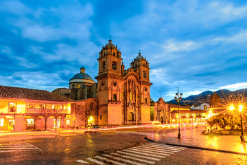 Cusco, Peru - Plaza de Armas and Church of the Society of Jesus - obrazy, fototapety, plakaty