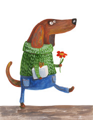 Dog in sweater and jeans with gift and flower. Watercolor illustration. Hand drawing - 161962507