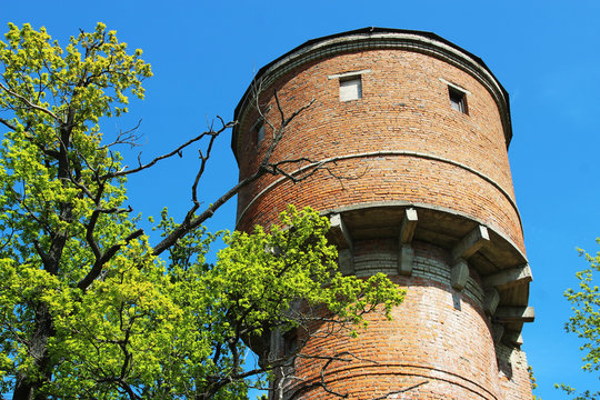 Close view of a red brick vintage water tower, an oak tree and a blue sky