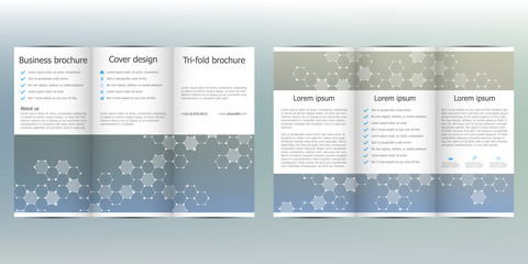 Tri-fold brochure template with hexagonal background. Vector illustration.