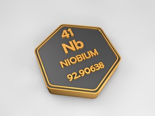 Niobium - Nb - chemical element periodic table hexagonal shape 3d render