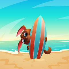 Summer illustration with a dog on a surfboard, against a background of a sandy beach and the sea