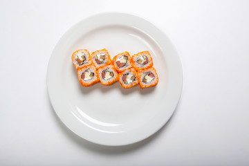 Fototapeta na wymiar Japanese seafood sushi , roll on a white background