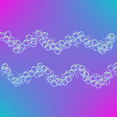 Shampoo foam in wavy lines with realistic water bubbles on trendy gradient background. Cleaning liquid soap foam for bath and shower. Shampoo rainbow bubbles. Swimming pool flyer and invite.