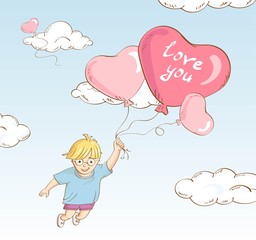 Hand drawn style cute boy flying whit heart-shaped balloons - vector illustration.