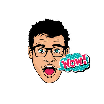 Wow pop art male face. Young sexy surprised man in glasses with wide open mouth and eyes and Wow speech bubble. Vector bright object in pop art retro comic style on white background.