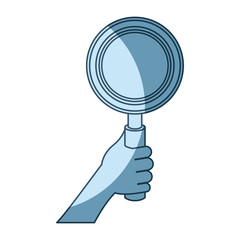 blue shading silhouette of hand holding magnifying glass vector illustration