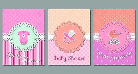 Baby shower cards. Set cute invitation templates for girl baby shower party. Vector illustration.