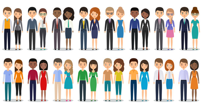 Flat people characters. Vector. Men, women in casual and business clothes standing together. Cartoon males, females isolated on white background. Icons businessmen and businesswomen. 