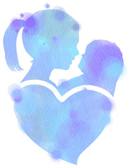 Double exposure illustration. Side view of mother holding adorable child baby  silhouette plus abstract water color painted. Digital art painting