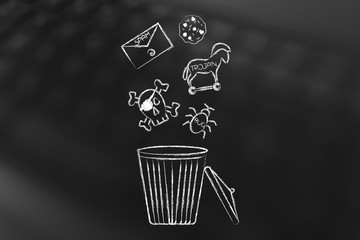 computer threats icons going into the bin