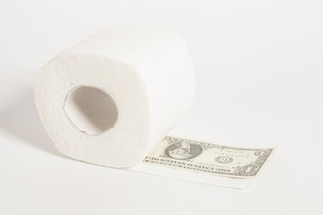 Toilet paper roll of money one hundred dollar isolated on white
