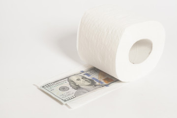 Toilet paper roll of money one hundred dollar isolated on white