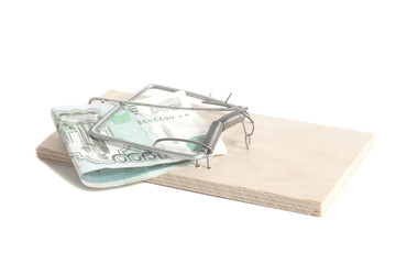 Mousetrap with Russian one thousand ruble banknotes isolated on white background