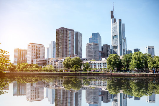 View on the financial district with Main river in Frankfurt city, Germany
