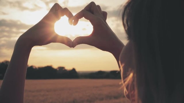 Silhouette of a heart from the hands of a love symbol young woman in a field on a sunset background