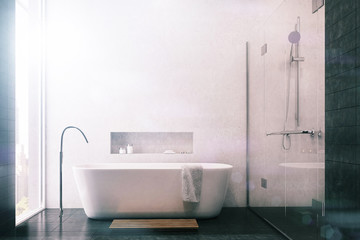 Fototapeta na wymiar White bathroom, black tiles, shower toned