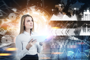 Businesswoman with a coffee, holograms and HUD