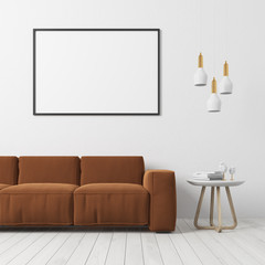 White living room, brown sofa, poster