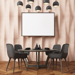 Beige textured wall dining room, black chairs