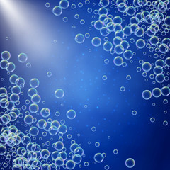 Shampoo foam diagonal frame with realistic water bubbles on blue background with sunshine flare. Cleaning liquid soap foam for bath and shower. Shampoo rainbow bubbles. Swimming pool flyer and invite.