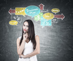 Pensive brunette woman business arrows