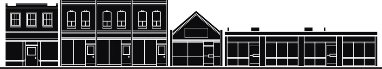 Silhouette illustration of historic buildings on a main street. 