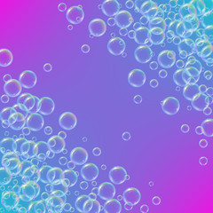 Shampoo foam diagonal frame with realistic water bubbles on trendy gradient background. Cleaning liquid soap foam for bath and shower. Shampoo rainbow bubbles. Swimming pool flyer and invite.