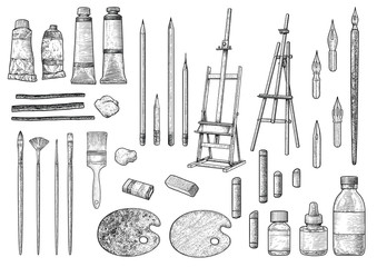 Artist tool collection illustration, drawing, engraving, ink, line art, vector