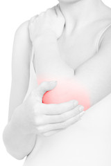 Woman holding elbow and shoulder in pain, red area isolated on white, clipping path