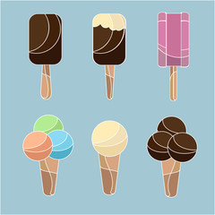 Set of bright colored ice creams with white outline isolated on blue background