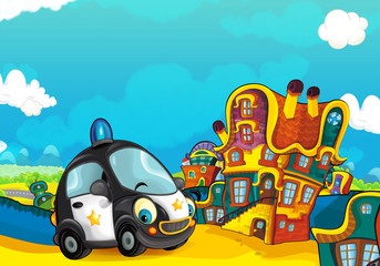 Cartoon police car smiling and looking in the parking lot - illustration for children