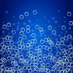 Shampoo foam in floating with realistic water bubbles on shiny blue background. Cleaning liquid soap foam for bath and shower. Shampoo rainbow bubbles. Swimming pool flyer and invite.