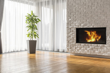 Open space with brick fireplace