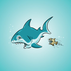 A cartoon shark in the ocean looking fearful as it is attacked by a tiny fish. 