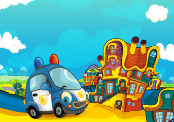 Cartoon police car smiling and looking in the parking lot - illustration for children